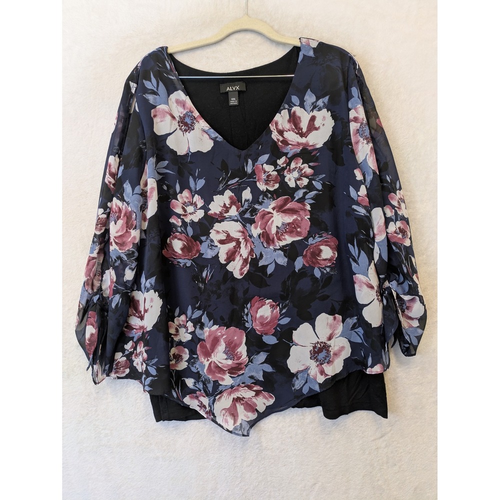ALYX Womens XXL Navy Blue Floral Sheer Layered Blouse V-Neck 3/4 Split Sleeve